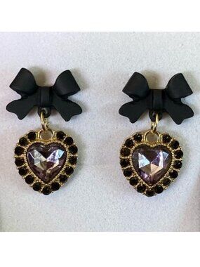 Earrings Black Crystal Heart Bow Dangle Drop Hollywood Glam Trendy Fun Stylish